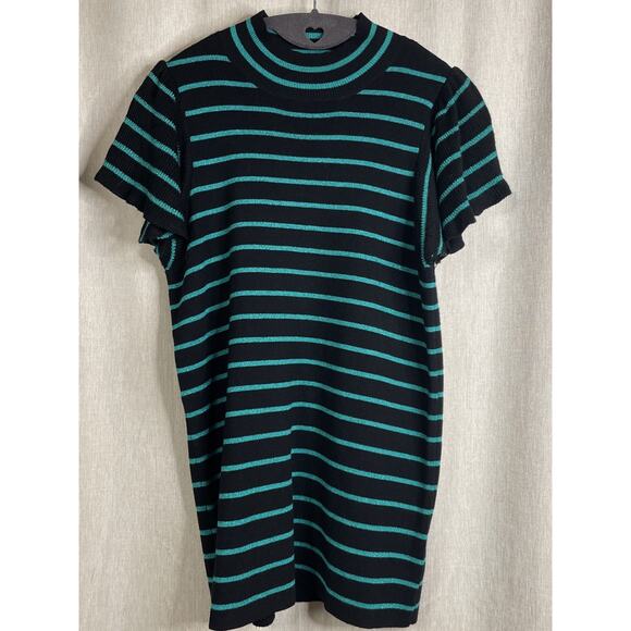 Nine West -Black w/Turquoise Shimmer Stripes & Flutter Short Sleeve Top - Large - Picture 1 of 7